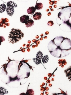 Dvojitá gázovina / mušelín květy, šišky, jeřabiny na bílé 